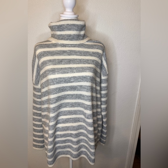 LOFT Gray and Cream Striped Turtleneck Sweater - Picture 1 of 5